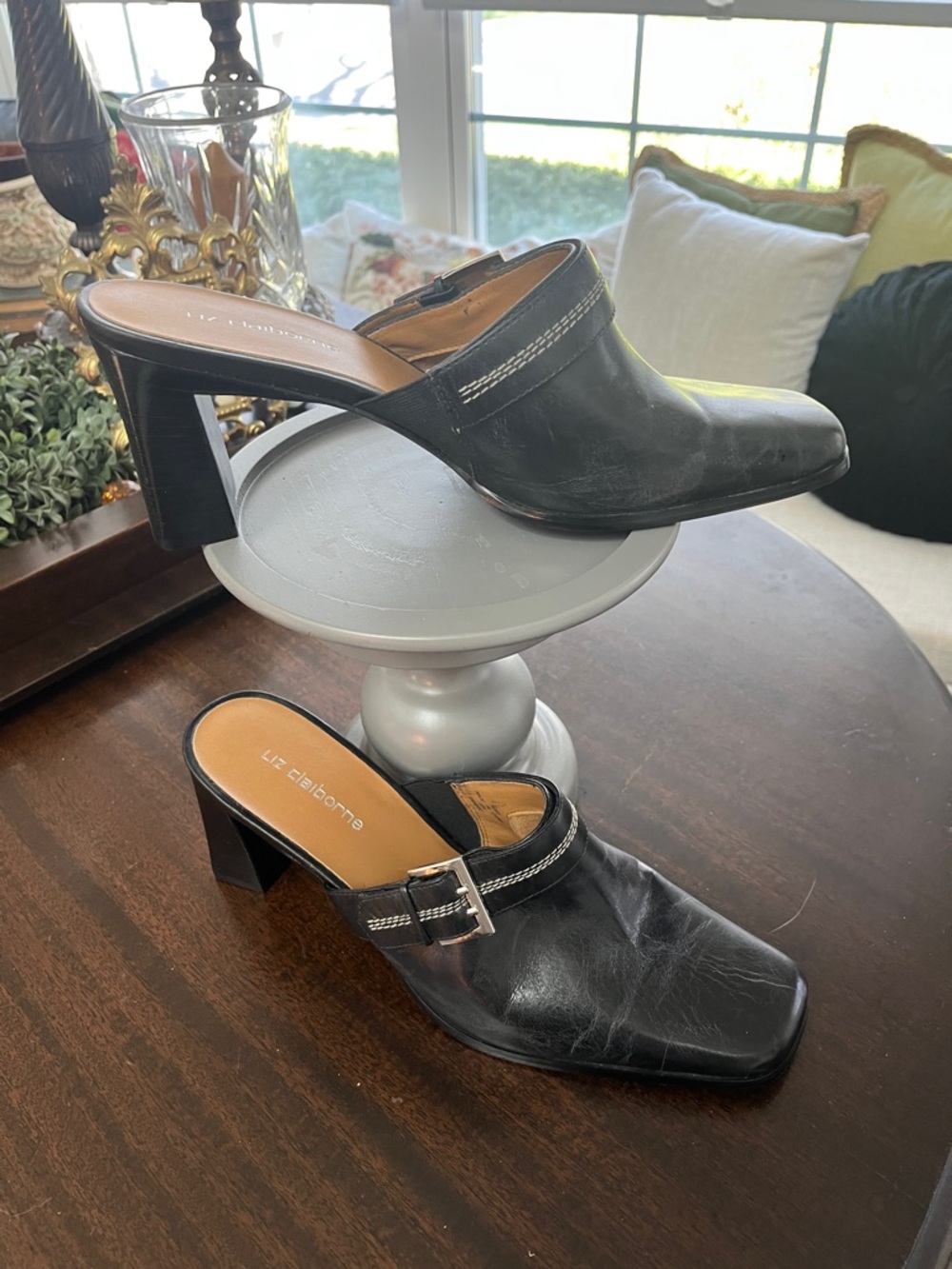 Liz Claiborne Brown Leather Buckle Mule Heels NWOT